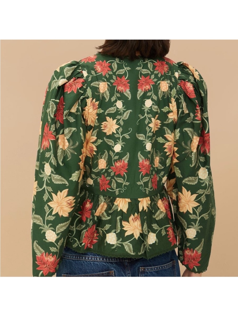 FARM Rio Green Floral Peplum Blouse with Pink and Cream Flowers - Picture 4 of 10